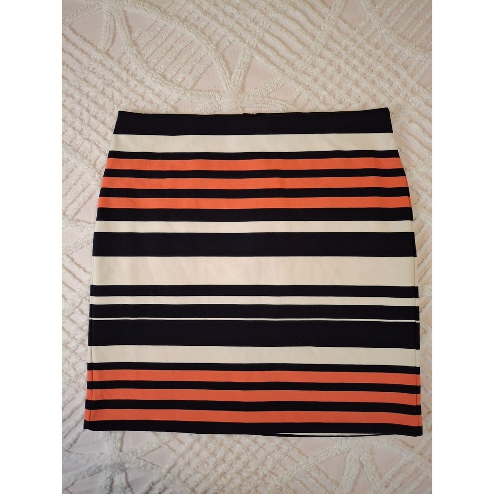 Ann Taylor Womens 8P Mini Skirt Black White Orange Striped Petite Pencil Stretch